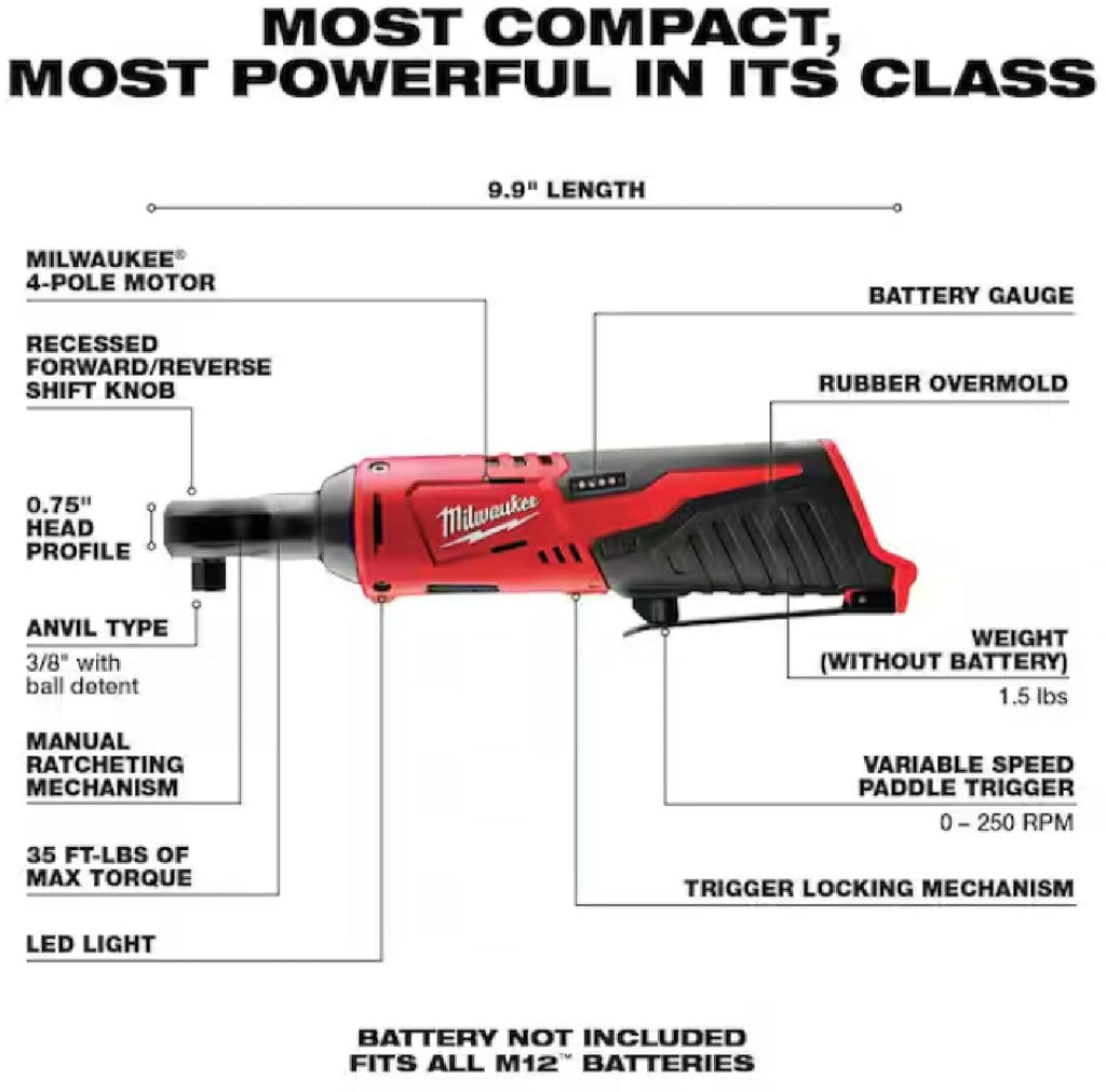 2457-20 M12 Cordless 3/8" Sub-Compact 35 ft-Lbs 250 RPM Ratchet w/ Variable Speed Trigger