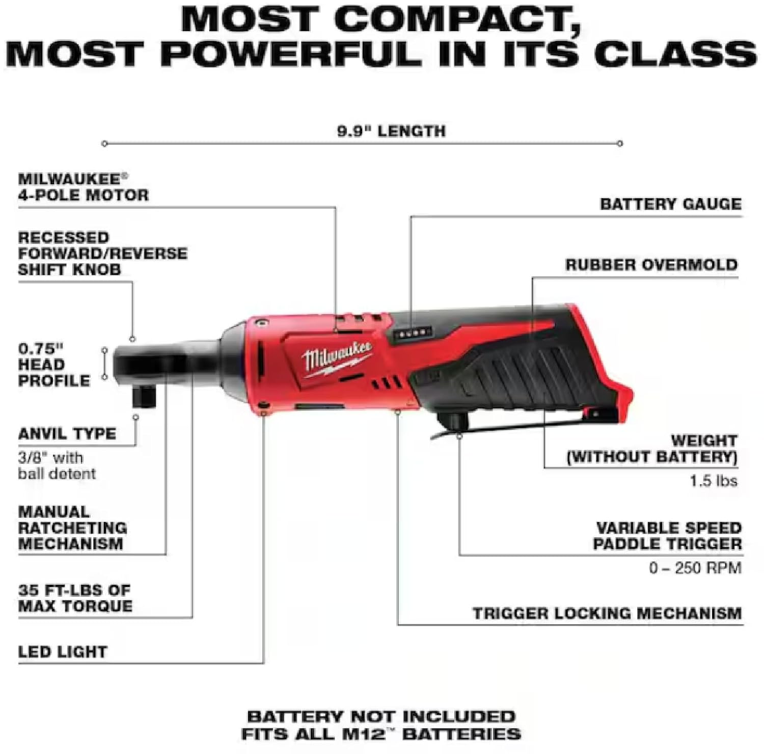 2457-20 M12 Cordless 3/8" Sub-Compact 35 ft-Lbs 250 RPM Ratchet w/ Variable Speed Trigger