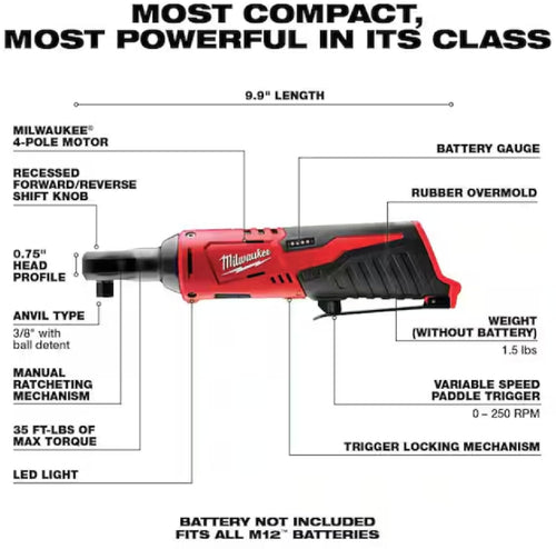 2457-20 M12 Cordless 3/8" Sub-Compact 35 ft-Lbs 250 RPM Ratchet w/ Variable Speed Trigger