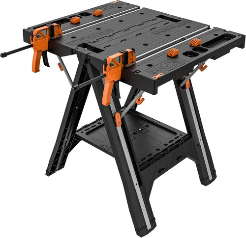 2-in-1 Folding Work Table & Sawhorse, Easy Setup Portable Workbench, 31" W x 25" D x 32" H Lightweight Worktable with Heavy-Duty Load Capacity, WX051 - Includes 2 Clamps & 4 Clamp Dogs